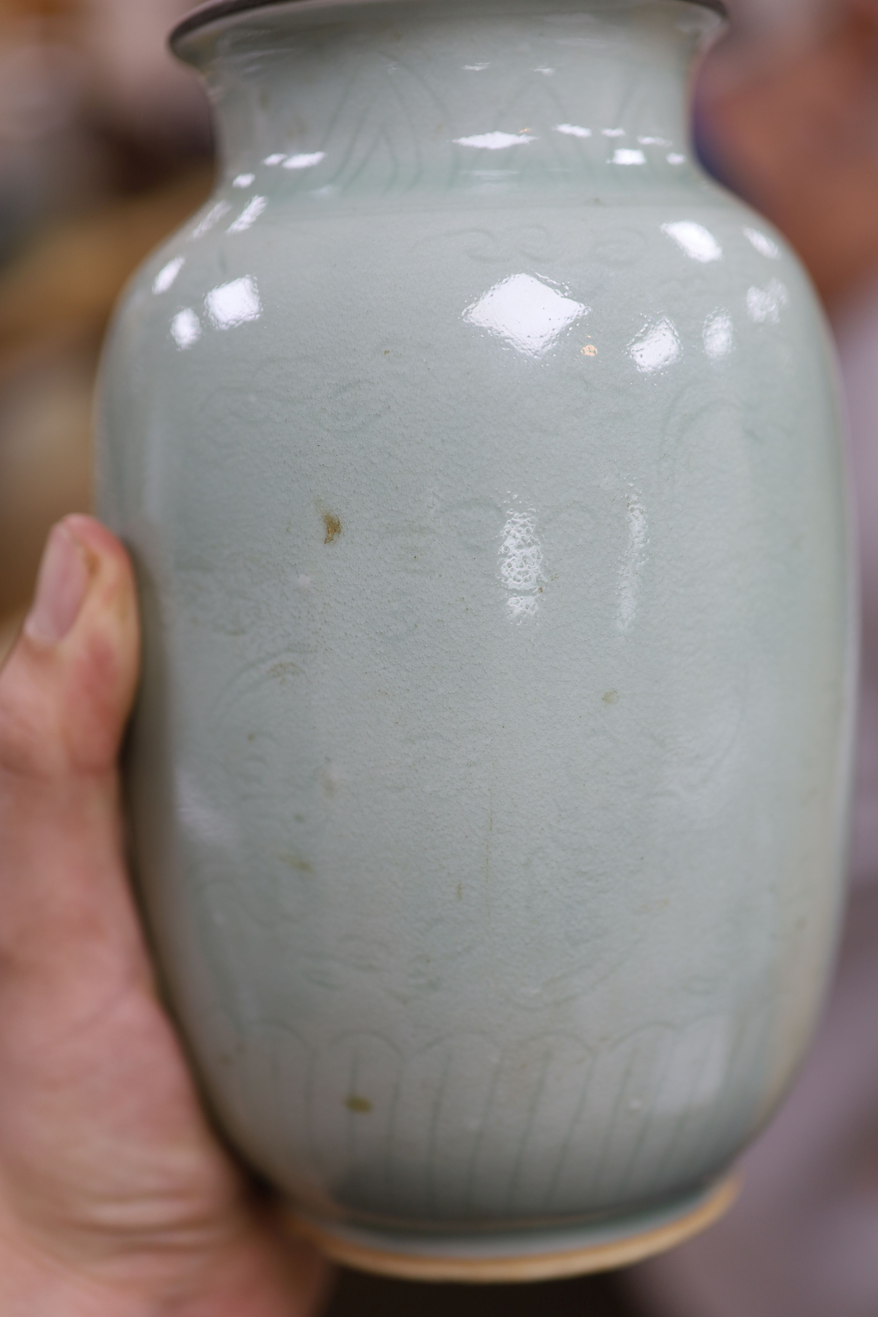 A pair of Chinese celadon vases, now as lamps, Yongzheng mark to base but later, height 19cm excl. electrical fittings